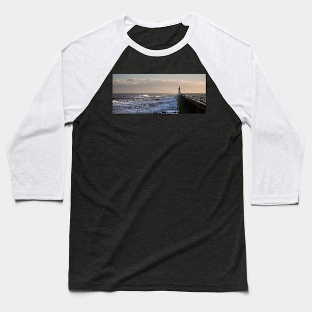 Stormy weather at Tynemouth Pier - Panorama Baseball T-Shirt by Violaman